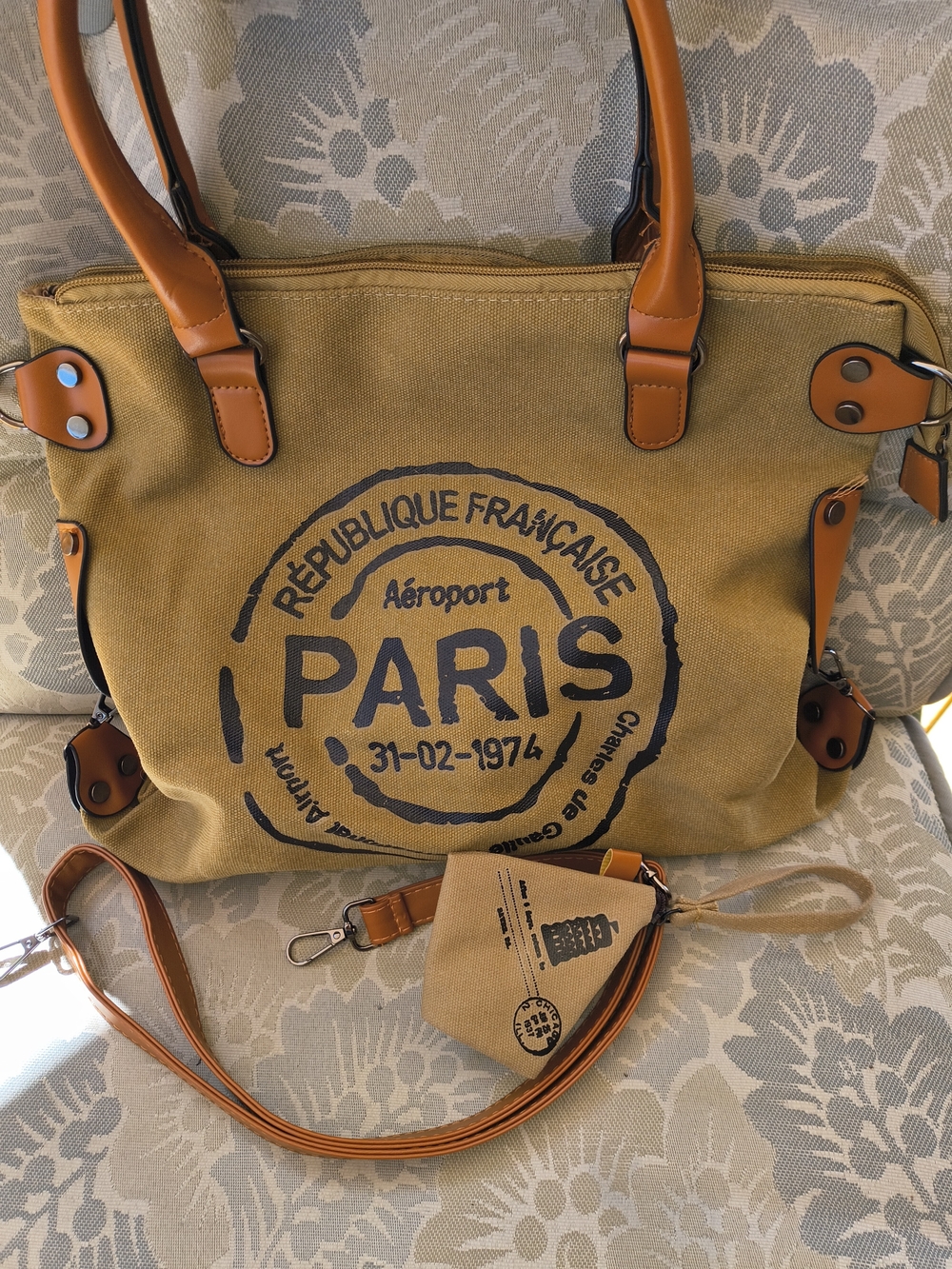 Canvas Tote Bag with Faux Leather Trim- Rusty Brown